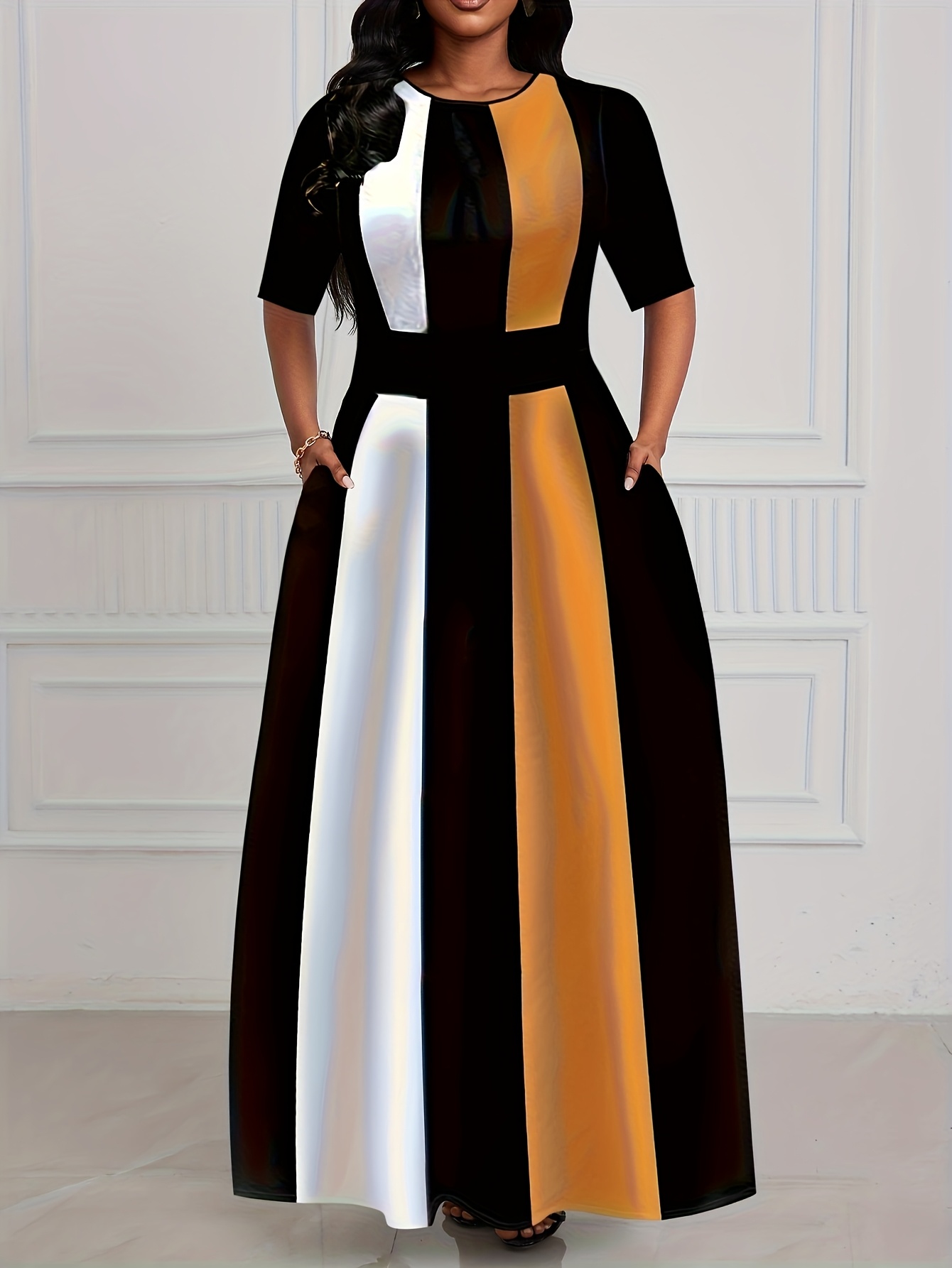 Robe femme printemps-été, coupe ajustée, style chic, pour le travail, avec contraste de couleurs.