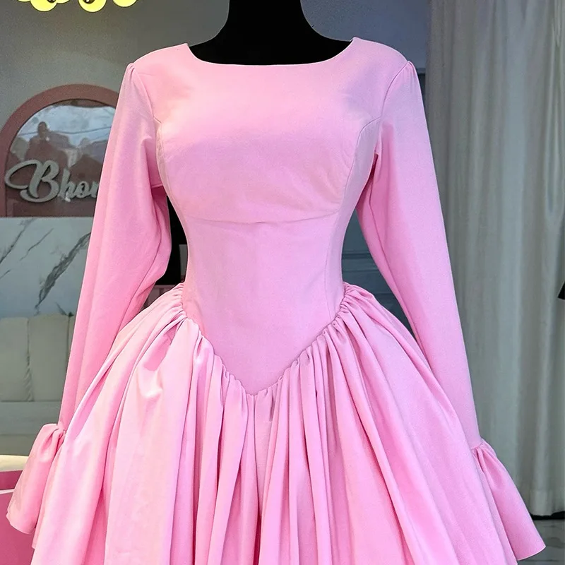 Robe mi-longue pour femmes, ligne A, plissée, col rond, décontractée, élégante, rose, tenue de soirée, taille haute, nuit, mariage, à lacets