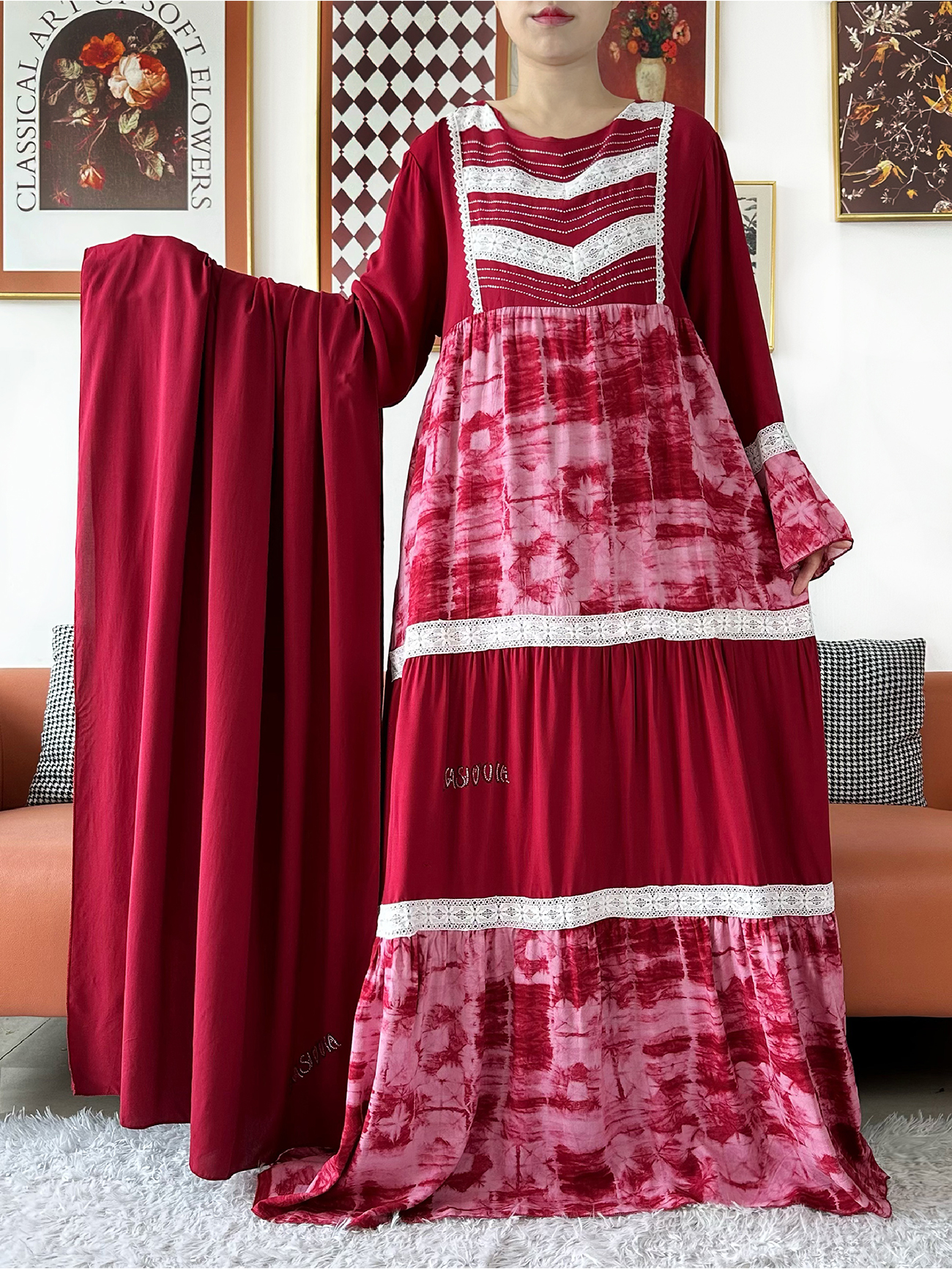 Robe africaine de qualité supérieure, boubou KASHKHA en coton, abaya musulmane ample avec grand foulard brodé, robe maxi pour le Ramadan