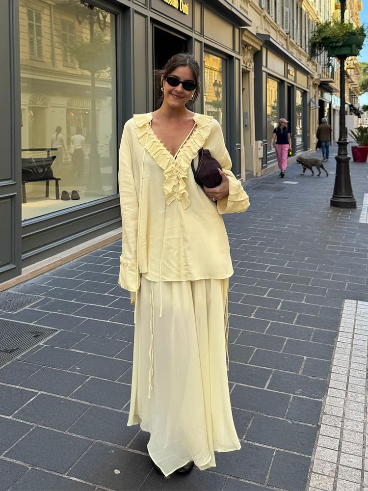 HH femmes élégant jaune volants à lacets Blouse jupes ensembles à manches longues col en V chemise plissée jupe Midi 2025 femmes tenues