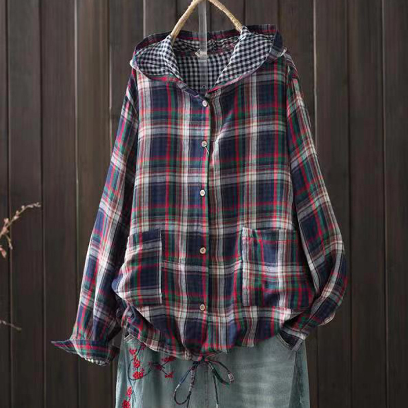 Chemises à carreaux à boutonnage simple à manches longues pour femmes, chemisiers grande taille, chemise surdimensionnée, haut à capuche, automne, printemps, 600