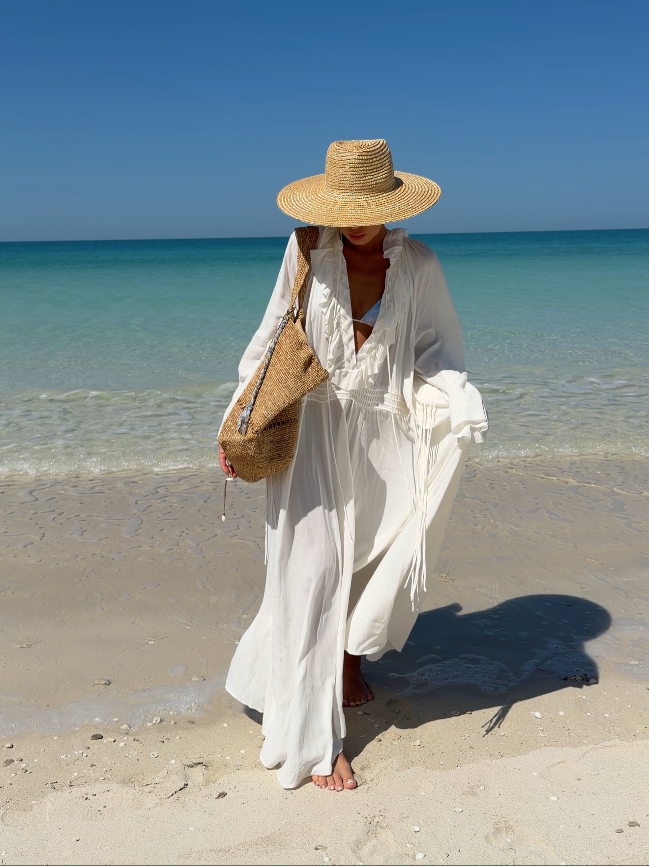 Robe de plage blanche pour femme, col en V, manches longues, maxi kaftan, style bohème, paréo de bain, tenue de vacances