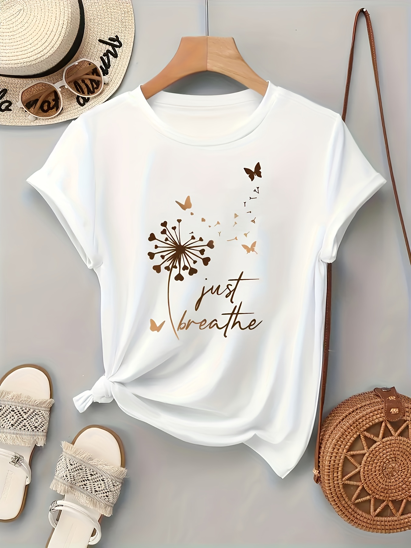 Chemisier élégant pour femme, t-shirt à imprimé artistique pissenlit et papillon, col rond, manches courtes, décontracté, style années 90, vêtements femme