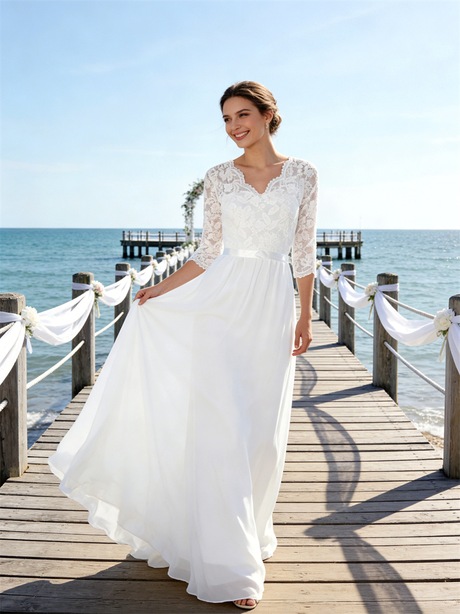 Robe longue en dentelle Patchwork pour femmes, col en v, demi-manches, robes plissées pour fête de mariage, soirée élégante ﻿