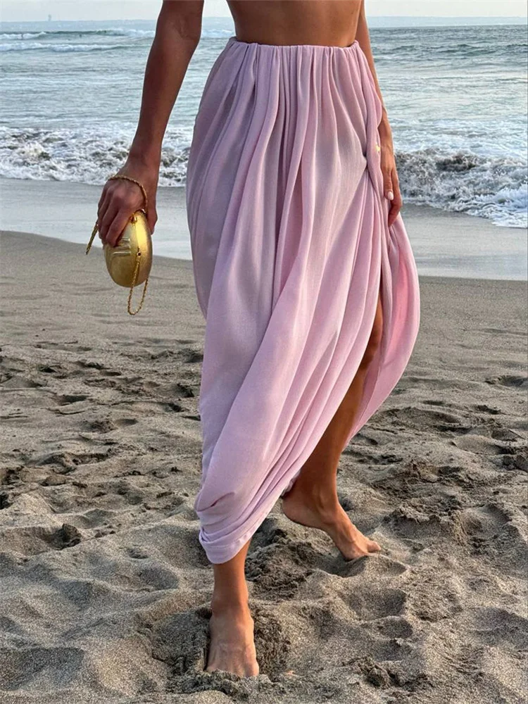 Jupe longue décontractée pour les vacances à la plage, jupe maxi d'été pour femmes, en maille plissée, taille haute, unie, élégante, patchwork, vêtements féminins