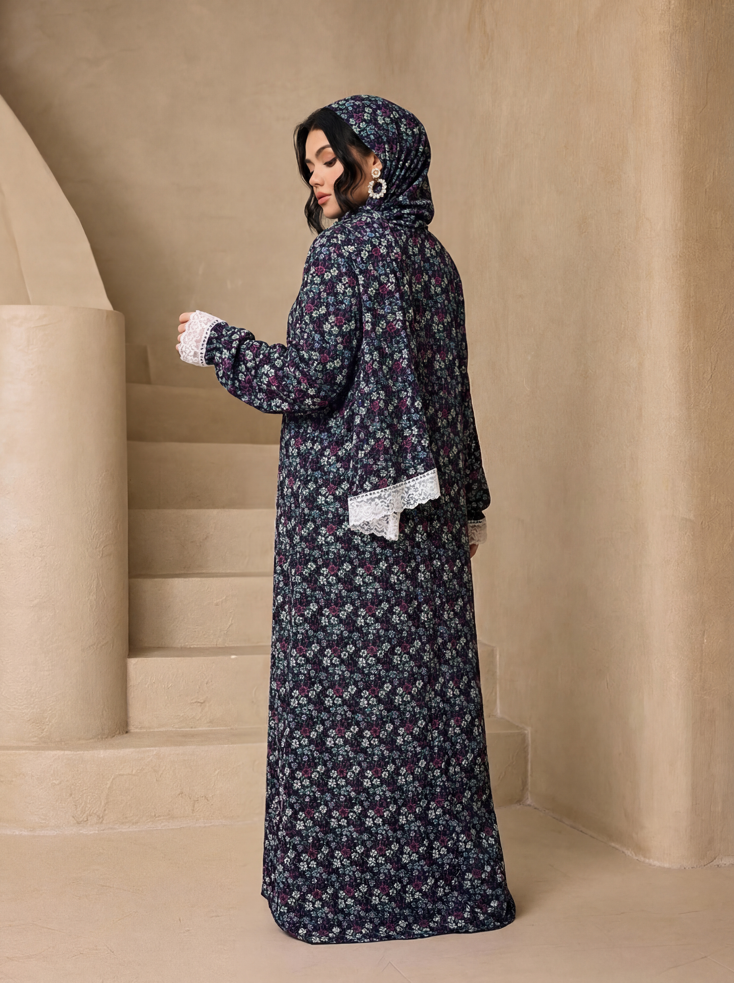Abaya vintage à imprimé floral, ensemble de 3 pièces avec hijab assorti, robe maxi modeste à manches en dentelle blanche, tenue de fête pour femmes musulmanes