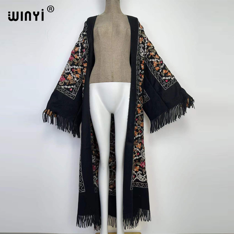 WINYI hiver femmes gland Pashmina broderie Long manteau ample revers robe femme épais chaud taille libre moyen-orient femme KIMONO