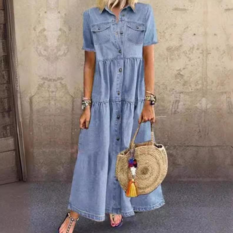 Robes pour femmes 2026 : Nouvelles robes longues en jean à col rabattu multi-boutons et manches courtes, coupe évasée, vêtements pour femmes, vestidos