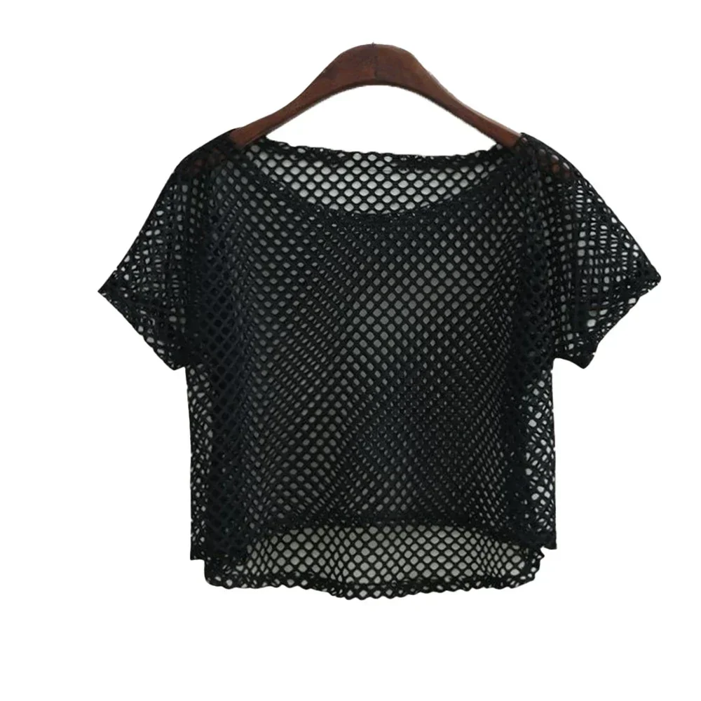 Mode dame résille Transparent culture hauts T-shirt pour femmes été à manches courtes col rond solide T-shirt t-shirts vêtements féminins