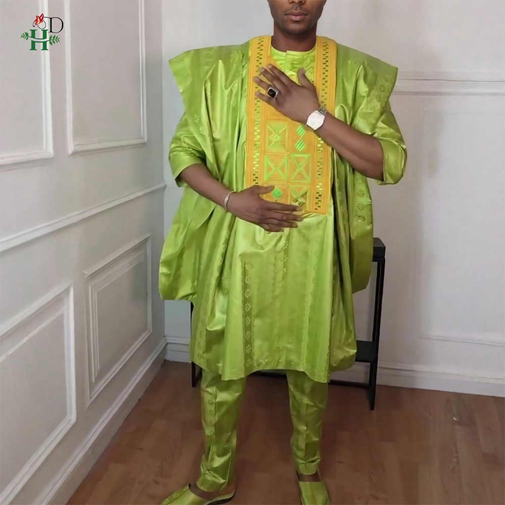 H & D vêtements africains pour hommes traditionnel Bazin Riche broderie Design haut à manches longues vert 3 pièces ensemble musulman Abayas Thobe 2026