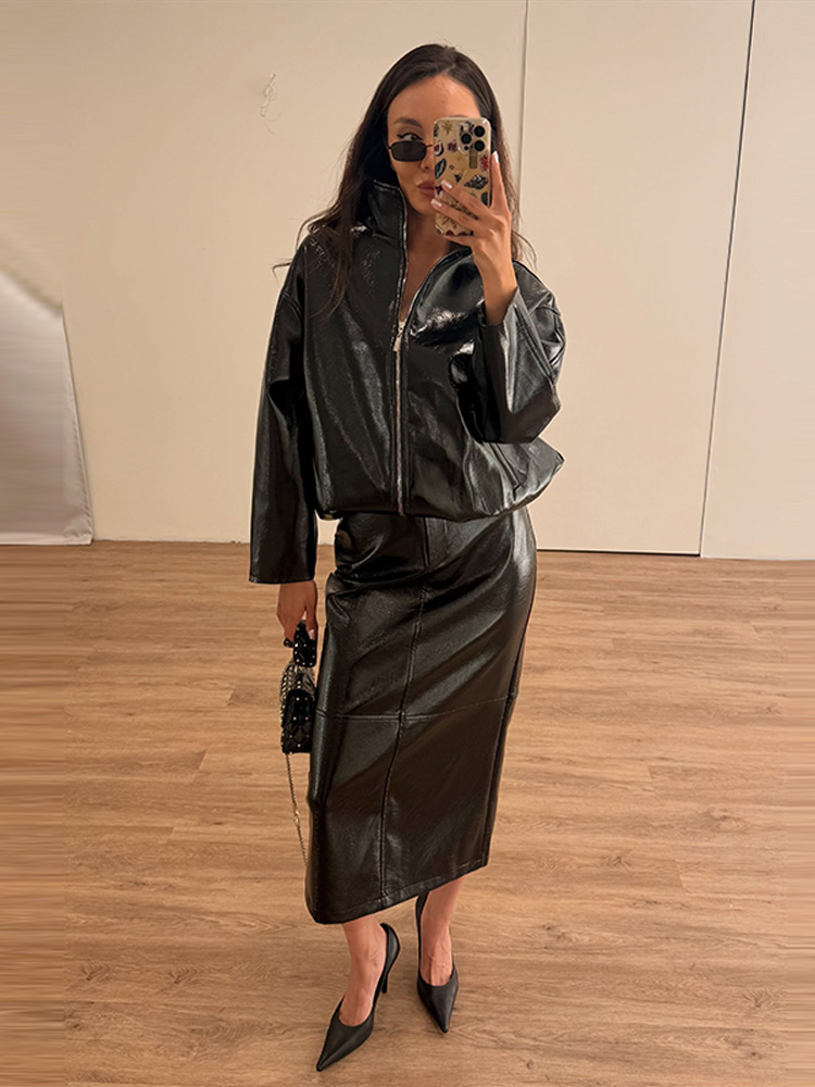 Ensemble 2 pièces pour femmes, veste zippée en simili cuir ciré brillant et jupe mi-longue fendue taille haute, ensemble assorti streetwear d'automne