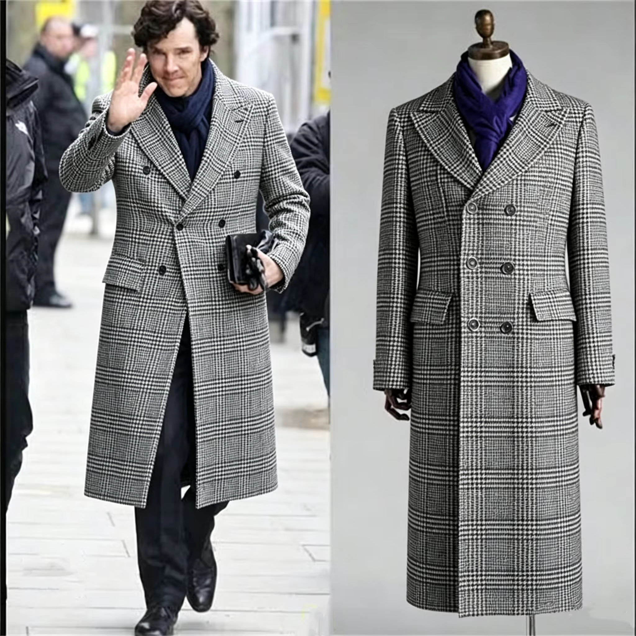 Manteau trench décontracté pour homme, coupe classique ajustée, col à revers, motif pied-de-poule, long manteau croisé avec poches