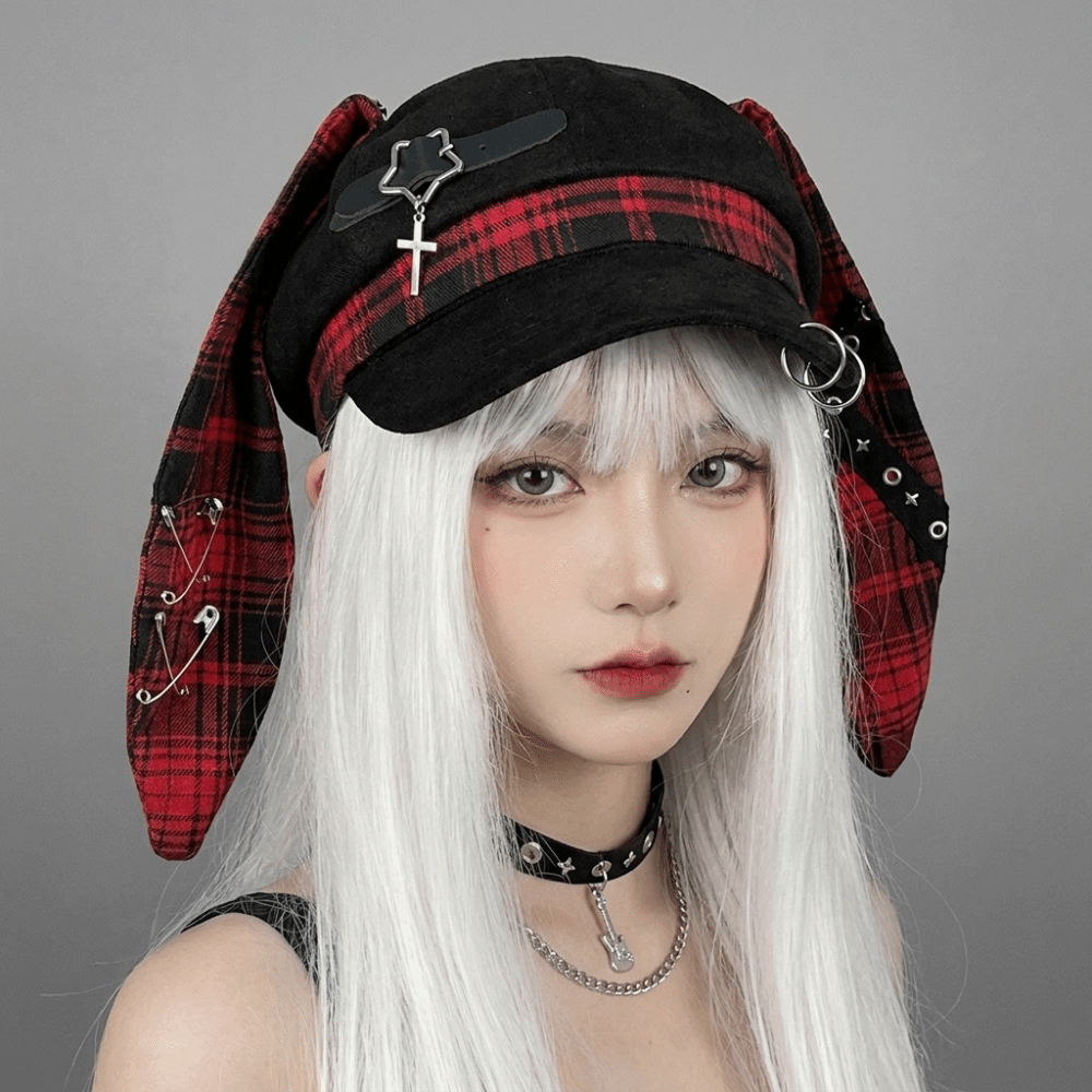 Chapeau Béret à Oreilles de Lapin Tendance, Motif Écossais, Bord Fin Irrégulier, Style Peintre Artistique, Casquette Lollita Gothique Newsboy pour Filles