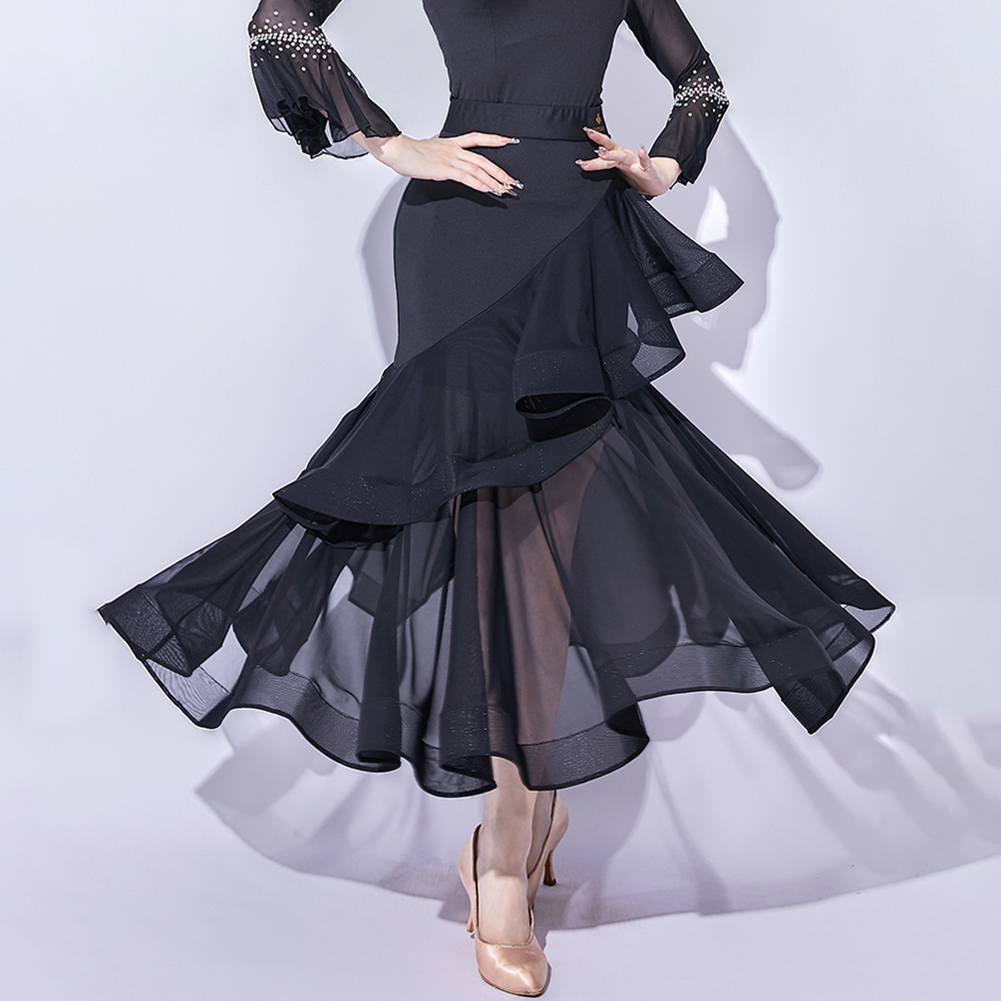 Jupe de danse de salon rouge, jupe de danse moderne noire à volants, nouvelle robe de danse moderne, jupe d'entraînement, robe de scène pour femme