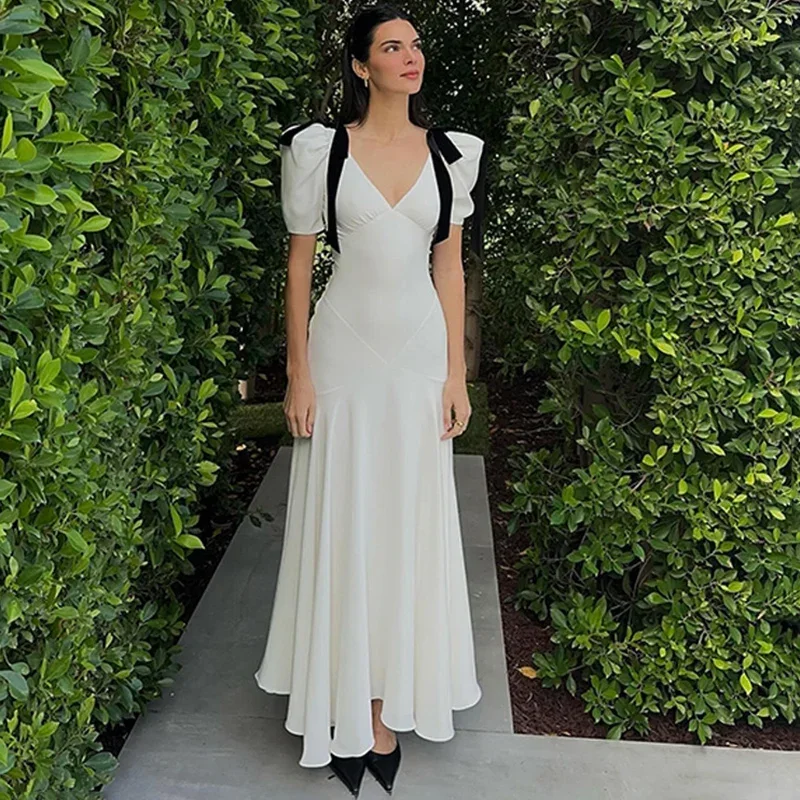 Robe Maxi Élégante à Lacets avec Nministériels d pour Femme, Col en V, Bouffante, Mode Plage, Vacances, Tenues d'Épissure, Été