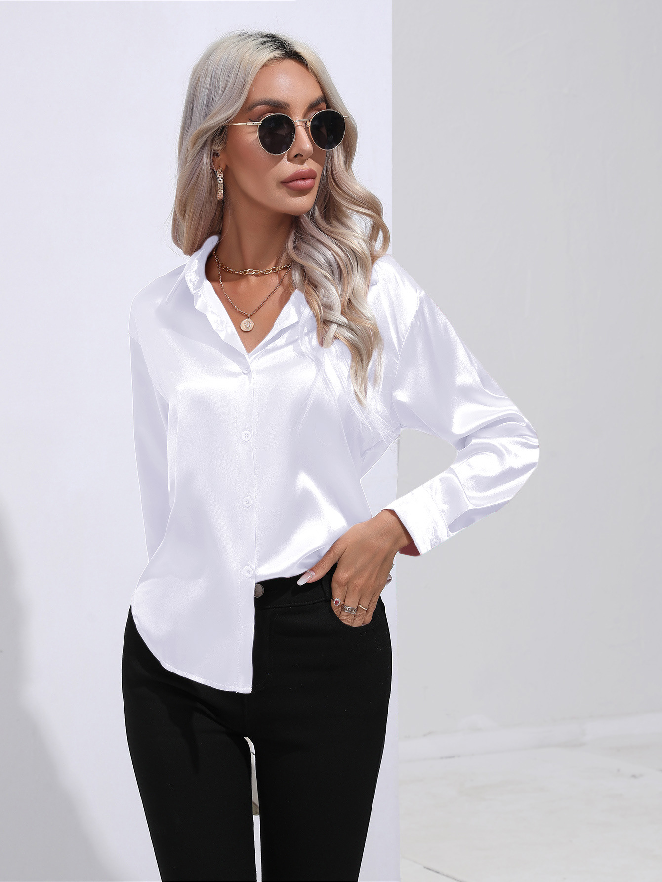 Chemise élégante en Satin Imitation soie pour femmes, manches longues, couleur unie, bureau, bouton à revers, vêtements pour femmes, automne/hiver, S-XXL