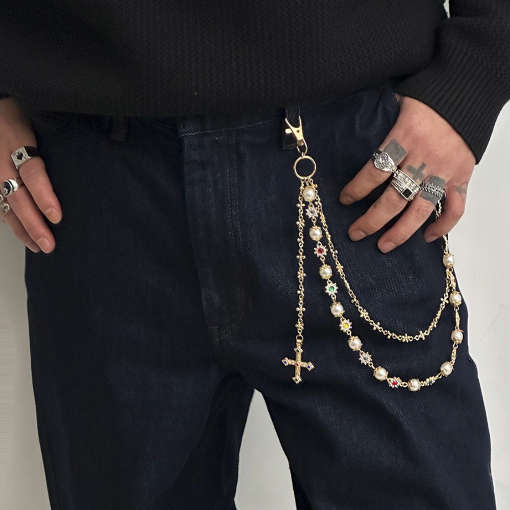 Chaîne de taille croisée exquise, Style Hip-hop, chaîne de pantalon à pompon de luxe, pendentif croix, chaîne de jean Harajuku pour hommes et femmes