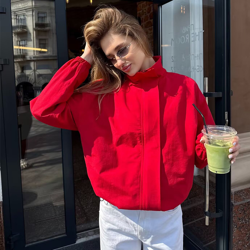 Veste Femme 2026 Nouvelle Collection – Veste Sport Décontractée Chic à Col Montant et Fermeture Éclair, Coupe Ample, Manches Longues, Rouge Oversize pour Femme