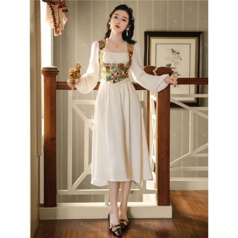 Robe corset vintage à imprimé floral pour femmes, robe midi à manches longues et col carré en dentelle, robe de soirée élégante style cottagecore