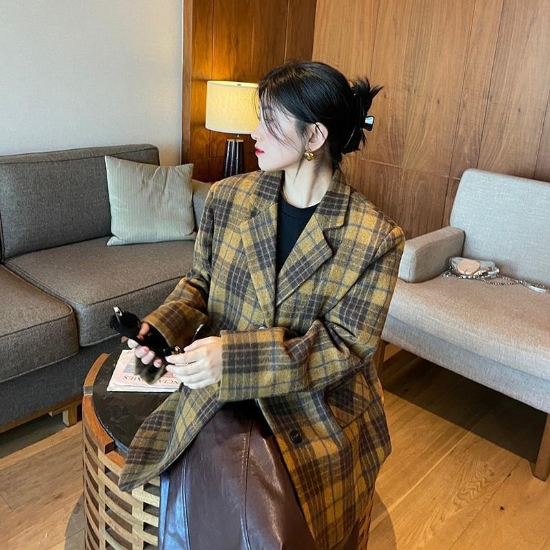 Manteau en laine à carreaux mi-long pour femme, veste chaude de Style coréen, veste à carreaux jaune et marron tendance, automne-hiver 2025