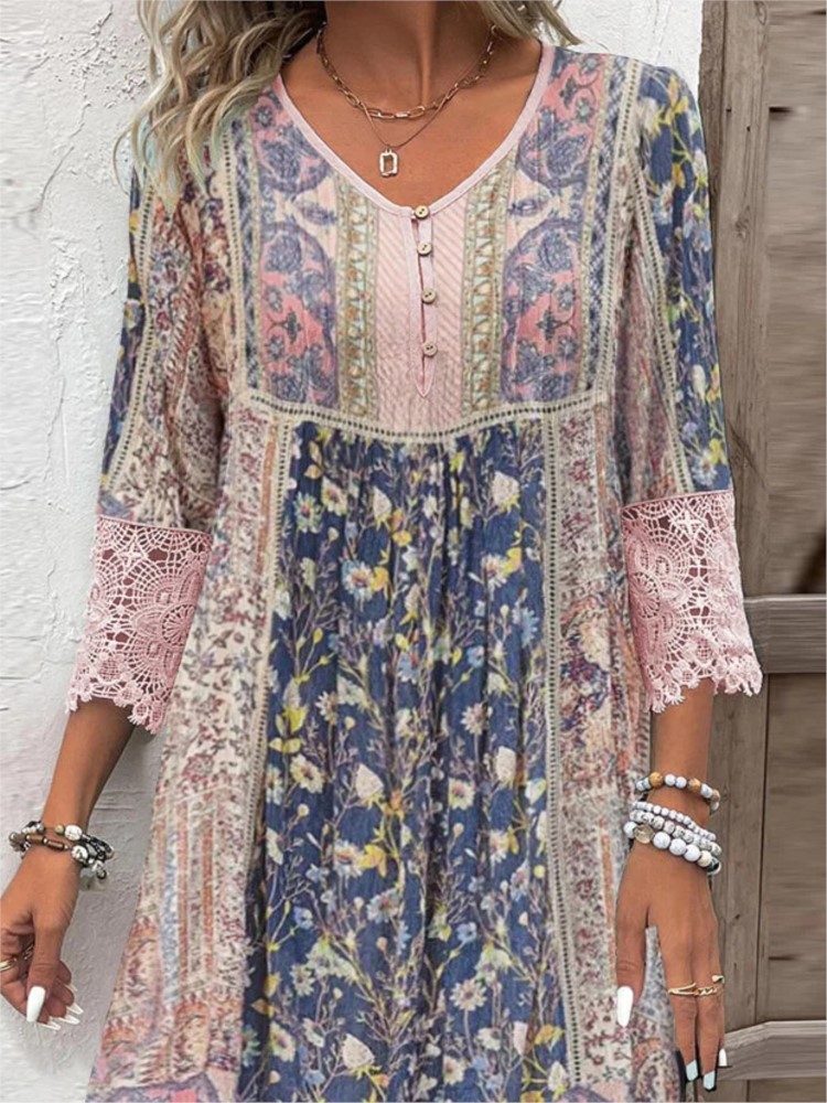 Robe en dentelle vintage pour femmes, nouvelle mode, imprimé fleuri, col en V, robes de bureau décontractées, printemps, été, 2025