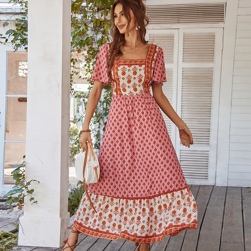 Robe élégante en coton imprimé pour femmes, jupe à col carré, Style vacances françaises, vêtements moulants, printemps été