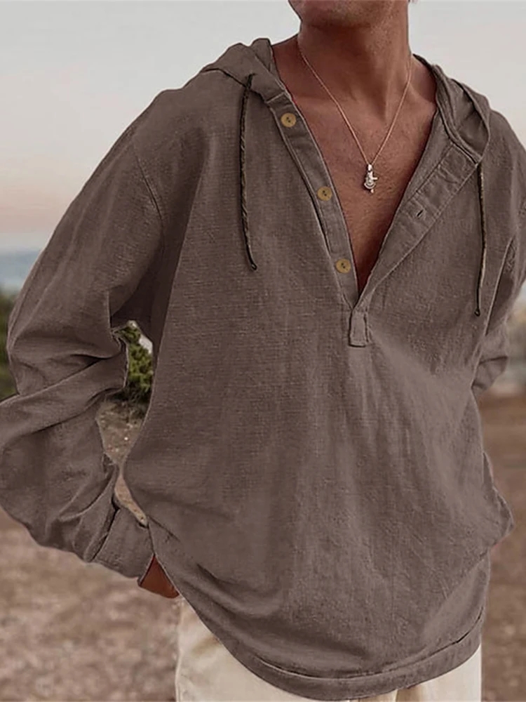 Chemise à capuche Vintage en coton et lin pour hommes, manches longues, col en V, hauts d'automne, chemises amples décontractées, chemisier de plage en bord de mer