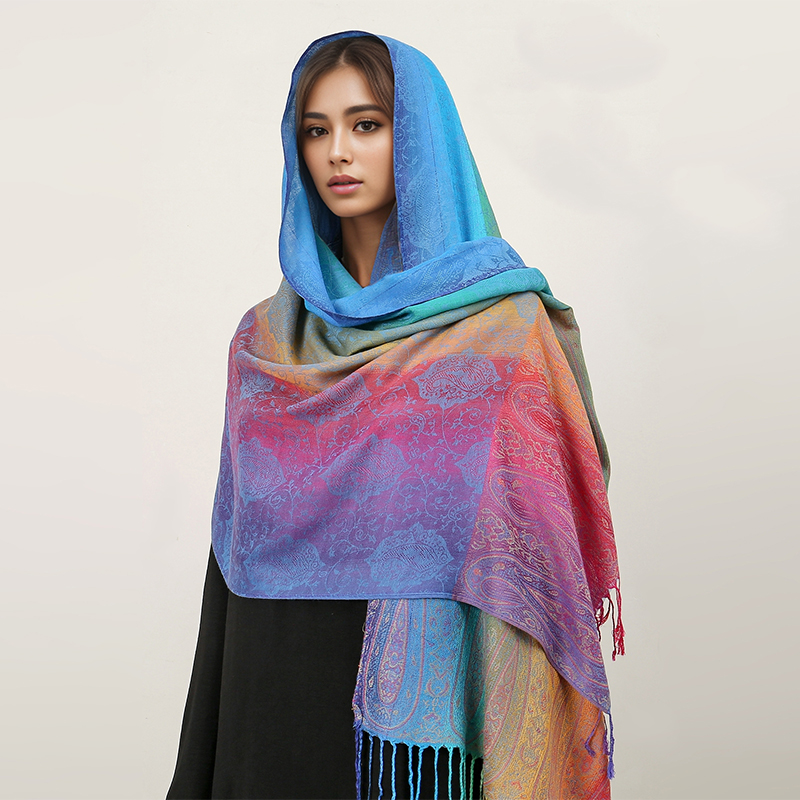 Couleurs arc-en-ciel hiver chaud épais Style ethnique Jacquard écharpe femmes voyage musulman Hijab cachemire gland châle enveloppement Pashmina