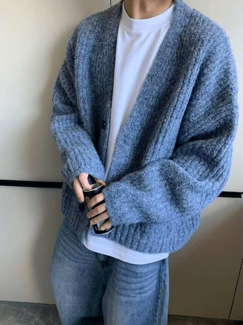 Mode automne hiver rétro ample poids lourd couleur mixte court large fil épais tricoté chandails Cardigans vestes chaudes hommes