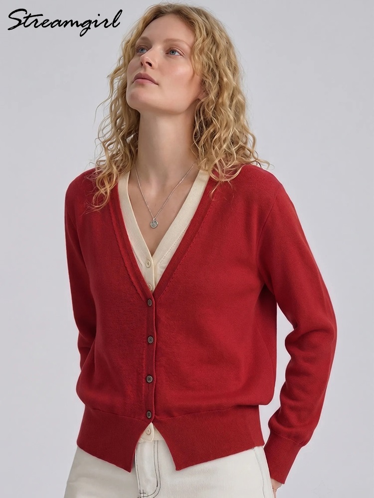 Cardigan court à boutons pour femme, manches longues, col en V, ample, effet deux pièces, rouge, tricoté, veste d'automne pour femme