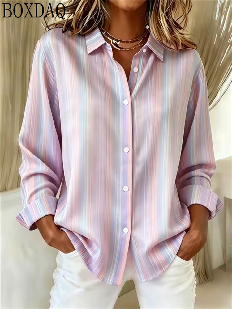 Chemisier d'été boutonné pour femmes, avec imprimé rayé multicolore, col à revers, chemise à manches longues, haut élégant pour tous les jours