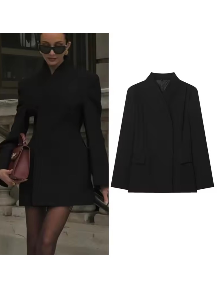 Automne femmes Simple Blazer col en V à manches longues femmes décontracté poche manteaux Chic femmes hauts