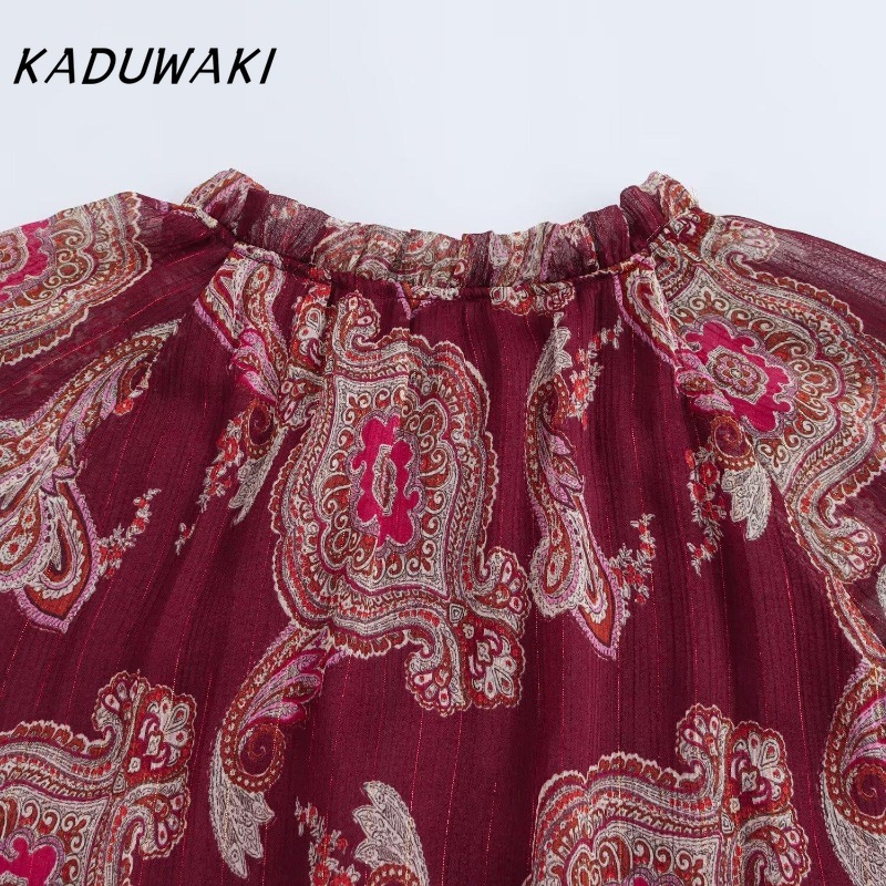 KADUWAKI femmes Robe longue mode vacances Style lanterne manches à lacets cou robes mi-longues bohème été imprimé Robe moulante