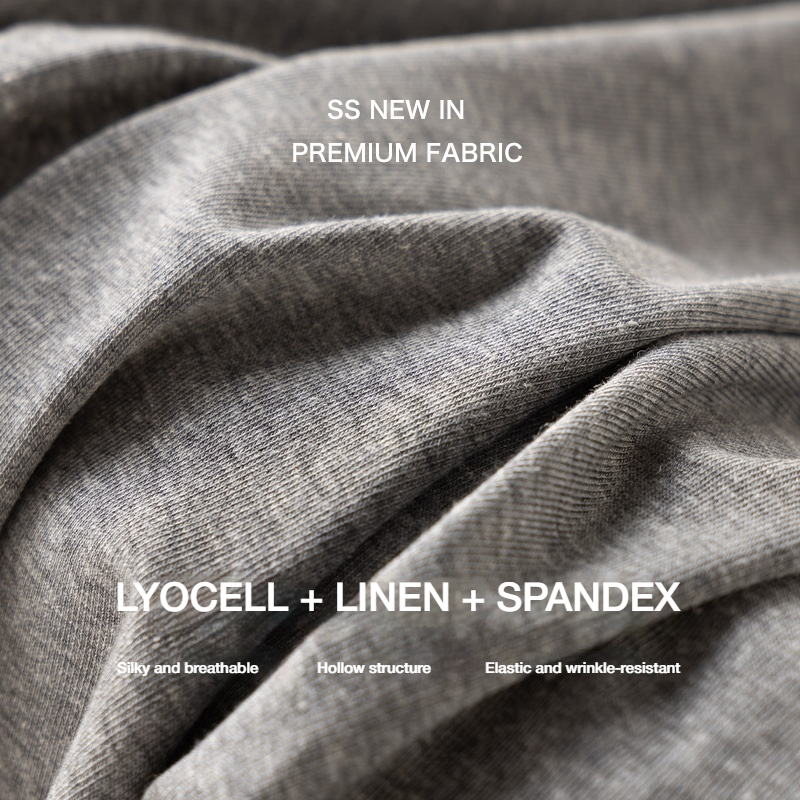 T-shirt Premium en Lin Glacé pour Femme à Manches Longues, Texture Mélangée, Col Rond, Lyocell, Sensation Fraîche, Hauts Printemps-Été