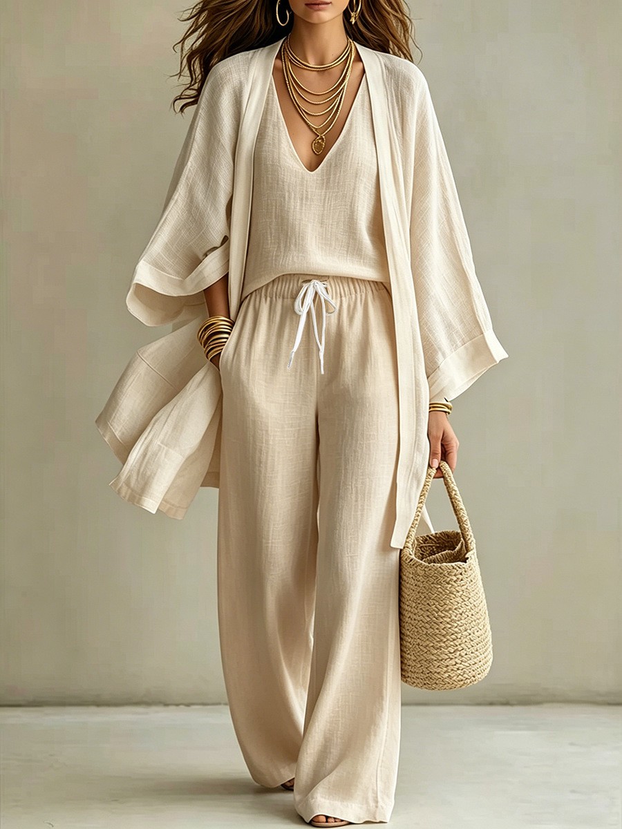 Ensemble 3 pièces pour femme, cardigan kimono, débardeur à col en V, pantalon large, costume léger et ample pour les vacances, les trajets quotidiens