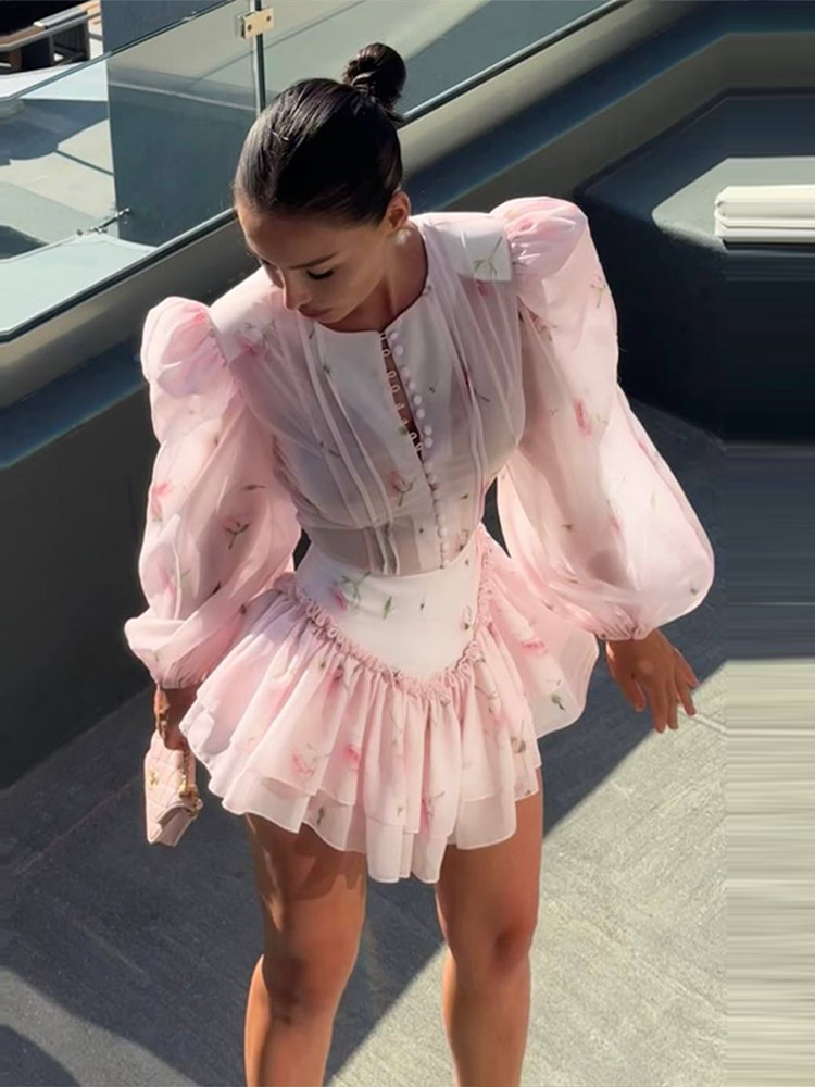 Robe Courte Femme Imprimé Rose Manches Longues Bouffantes Mini Robe en Maille Transparente à Volants Boutonnée sur le Devant pour Fête Féerique Tenue d'Été