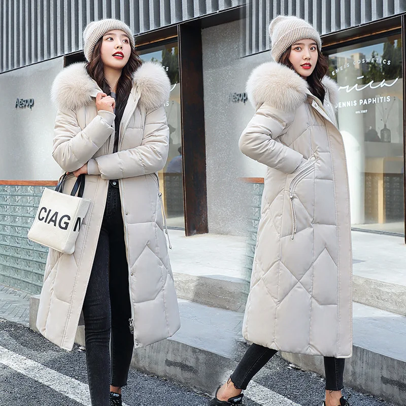 Nouvelle Veste d'Hiver Femme 2026 Mi-longue Tendance Slim Col Fourrure Épaisse en Coton Manteau Élégant Gris Parka Vêtements Femme