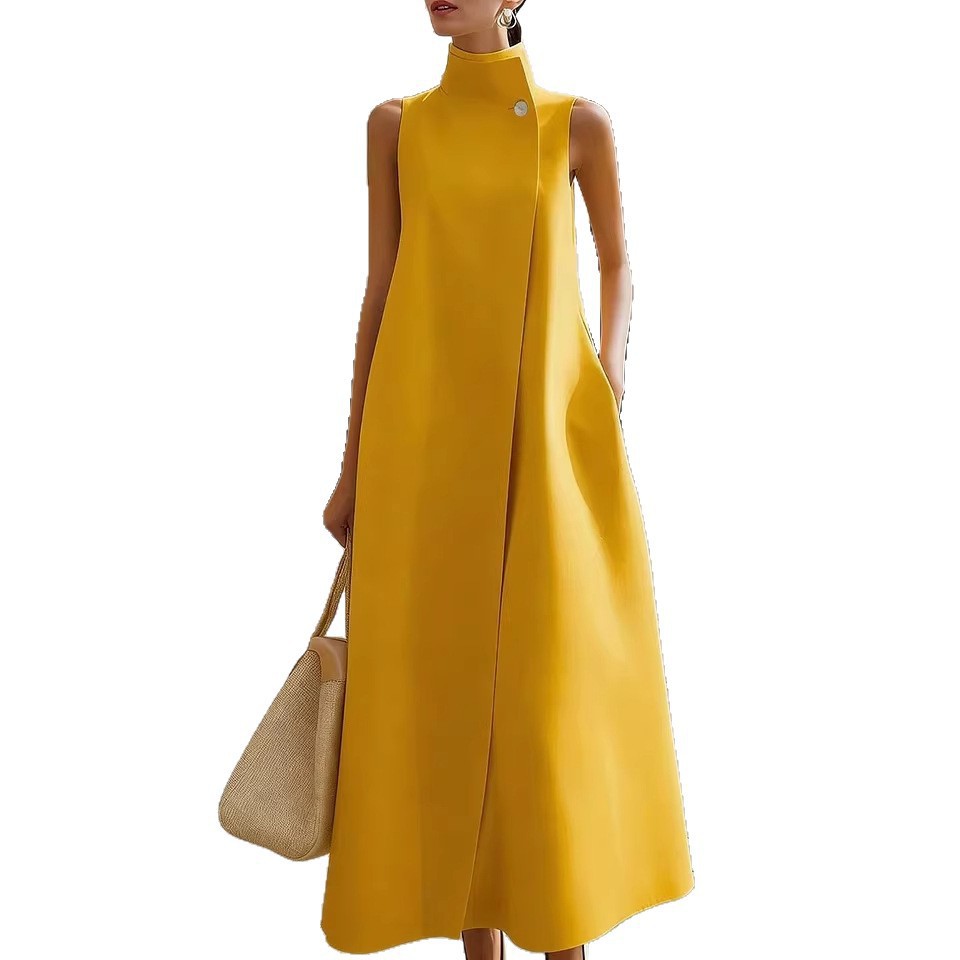 Robe longue plissée ample à taille haute pour femme, col roulé, couleur unie, sans manches, style licou, avec poches, design tendance