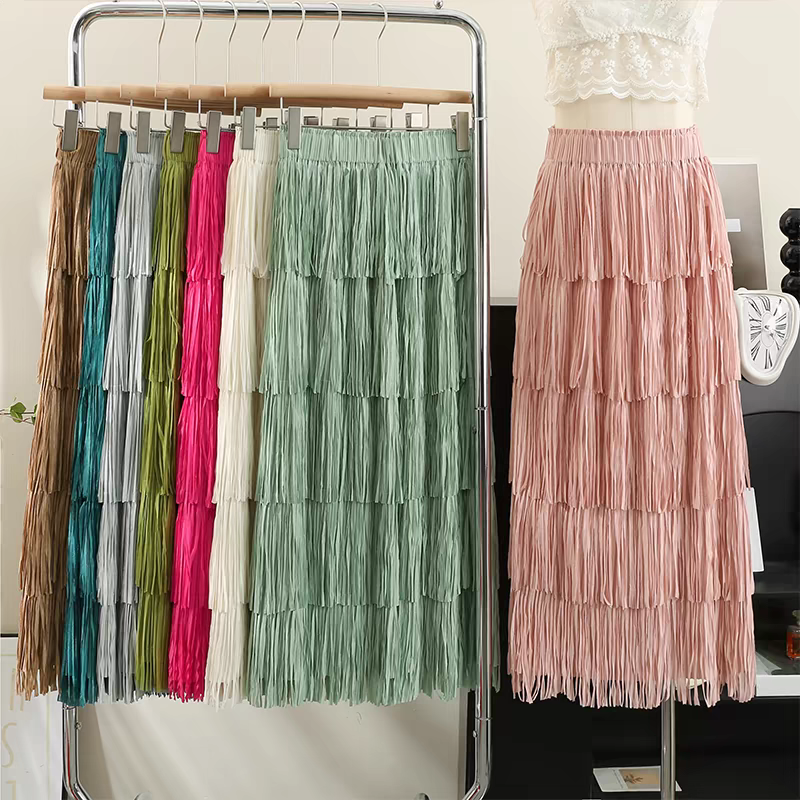 Jupe longue à franges avec doublure pour femme, taille élastique, ligne A, noir et blanc, mode printemps et été