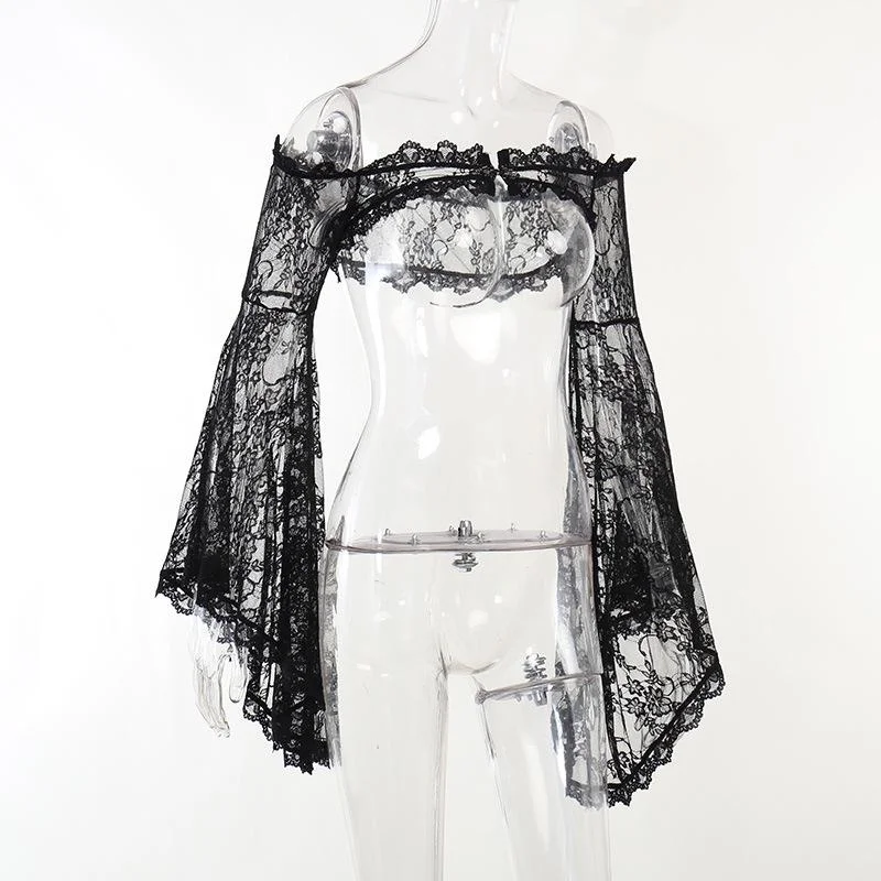 Couvertures de haussement d'épaules superposées à manches longues évasées pour femmes, dentelle gothique foncée vintage, One Initiated Grunge Aesthetic Black, Y-for Egirl