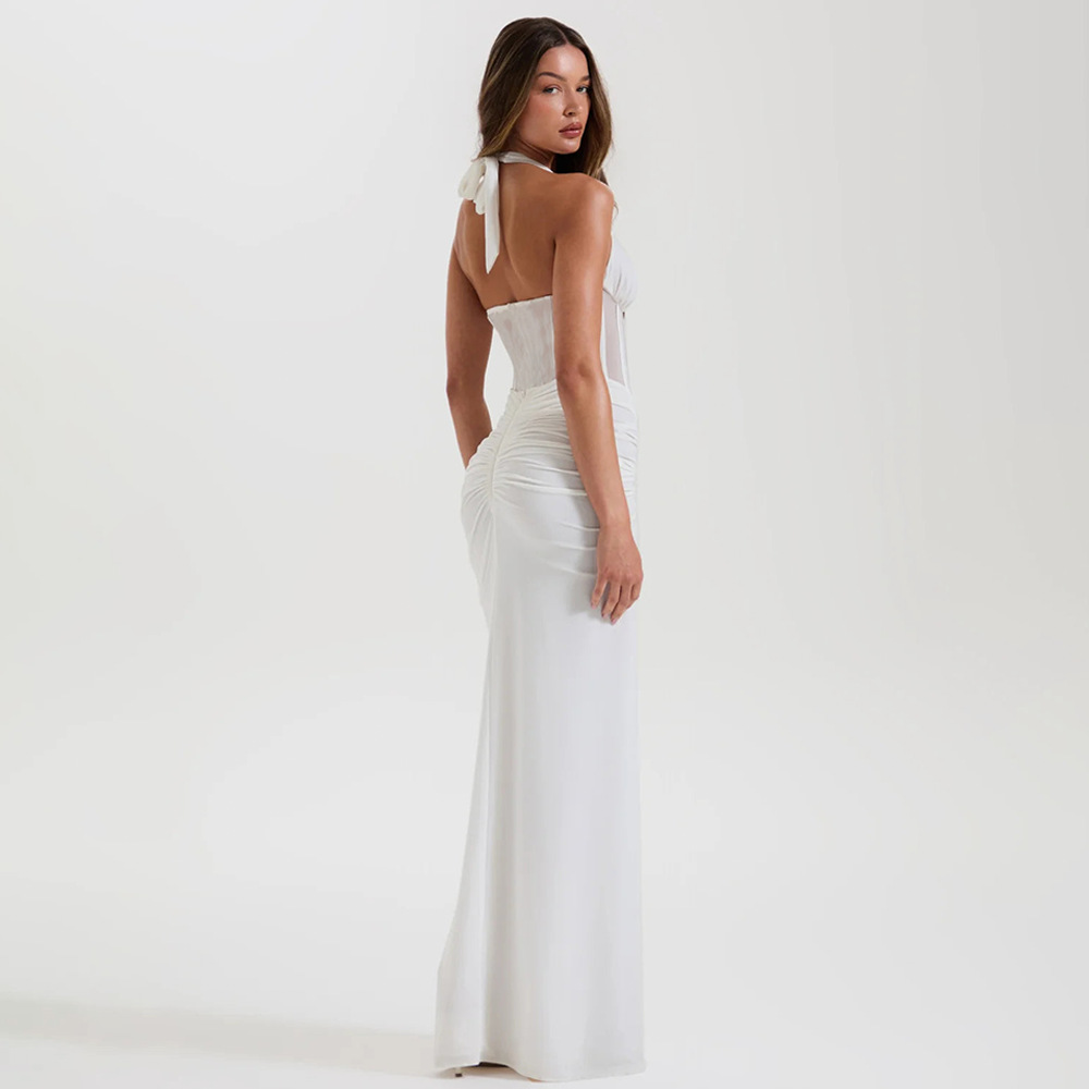 Robe longue blanche élégante pour femmes, col licou, décolleté en V profond, dos nu, maille noire froncée, Maxi, soirée, Cocktail, été