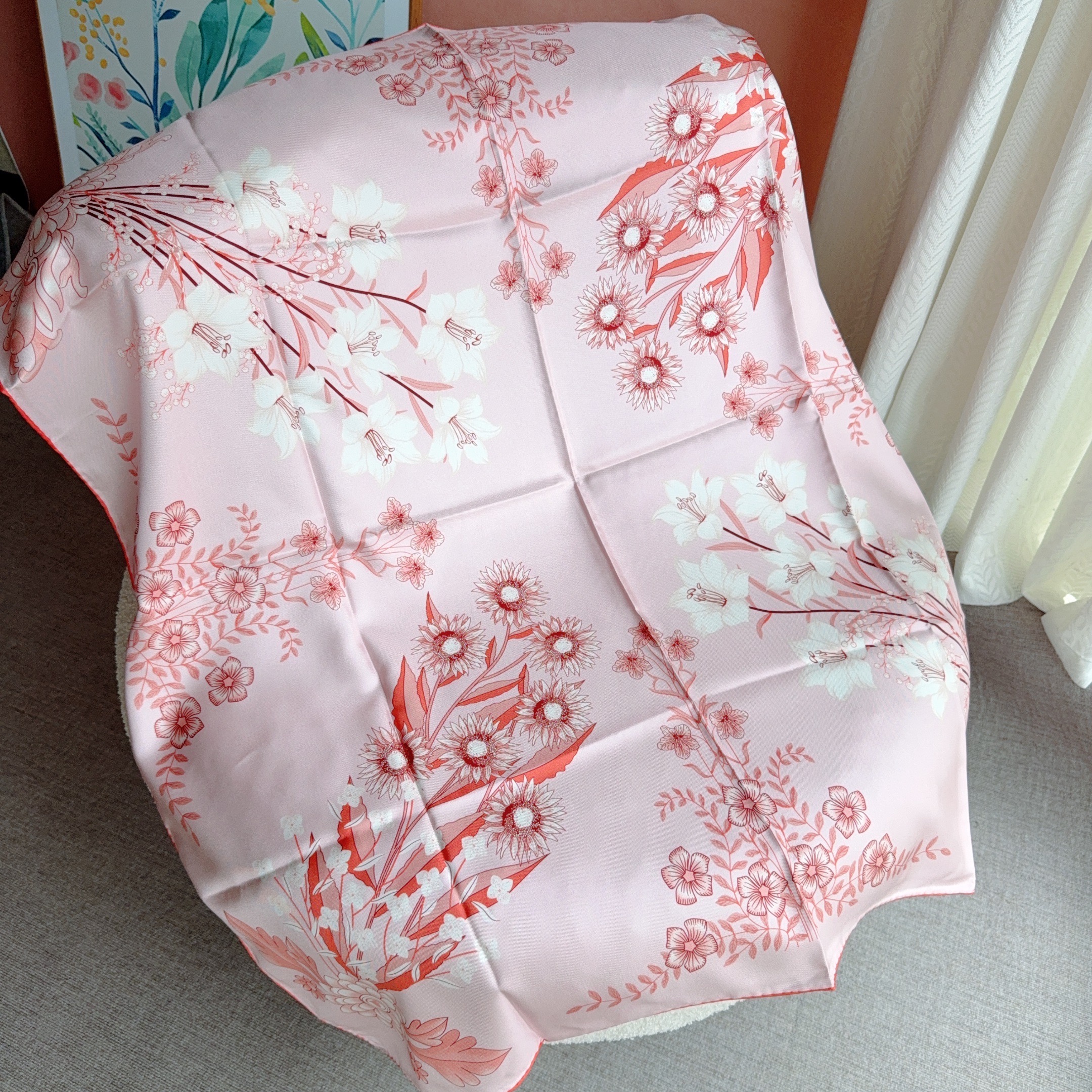 Foulard en soie de mûrier rose pour femme, 18 mm, épaissi, imprimé floral, 90x90, luxe, haute qualité, écharpe pour femme