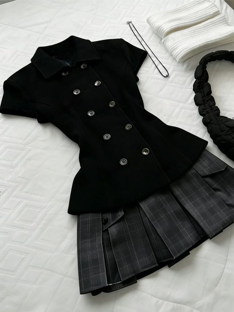 Blazer rétro coréen élégant pour femme, style preppy, à double boutonnage, manches courtes, idéal pour les fêtes, les vacances, le quotidien et le streetwear décontracté