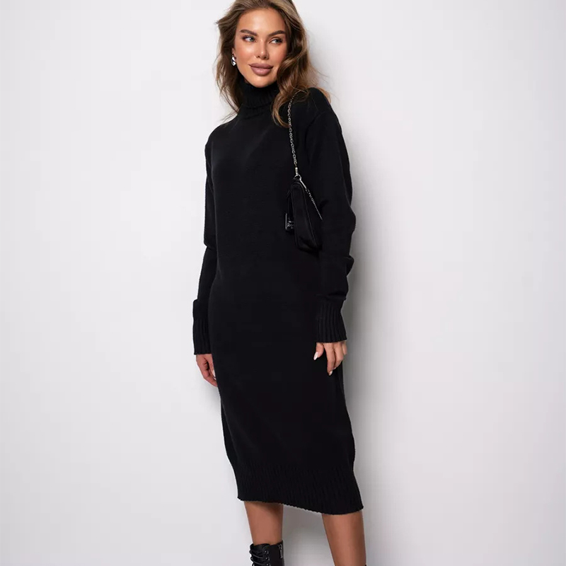 Robe tricotée côtelée à col roulé pour femme, pull basique à manches longues, couleur unie, automne hiver