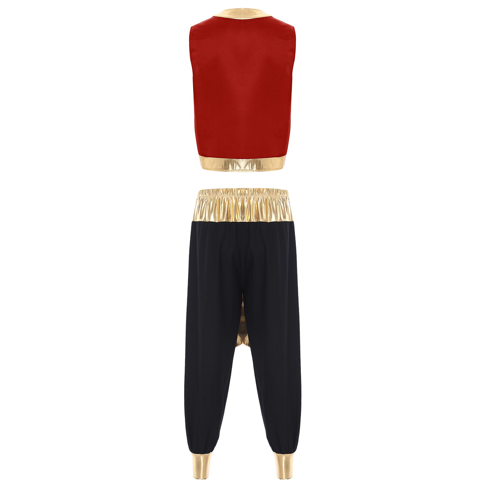 Costume de cosplay de prince arabe pour homme, tenue d'Halloween, veste ouverte sur le devant avec garniture métallique brillante et pantalon long à ceinture