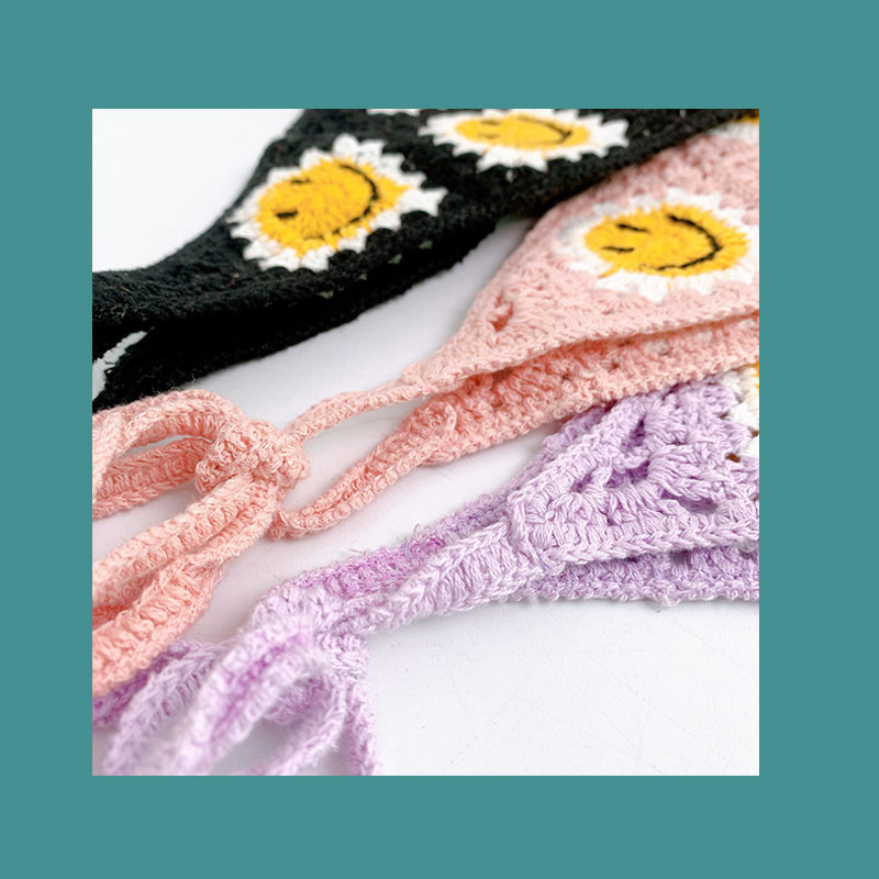 Happy Face-Écharpe triangulaire pour femme, bande de sauna, chapeau, fleur, crochet, fleur