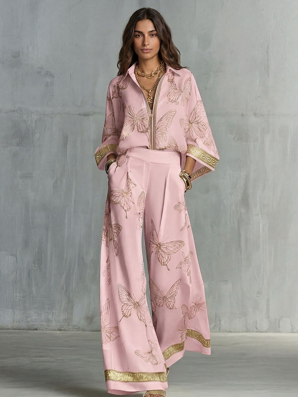 Ensemble chemise et pantalon imprimés surdimensionnés pour femmes, haut à col à revers et manches longues, pantalon à taille haute élastique et jambes larges, ensemble deux pièces pour femmes.
