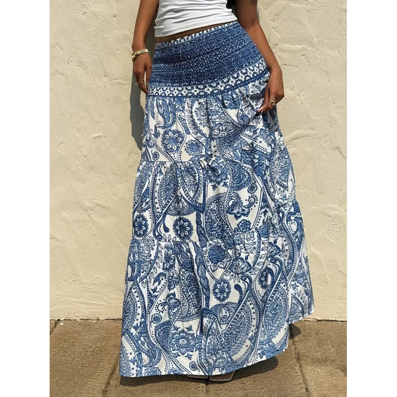 Jupe longue maxi pour femme, style bohème, imprimé cachemire, taille haute, froncée, à volants, fluide, décontractée, pour l'été et la plage
