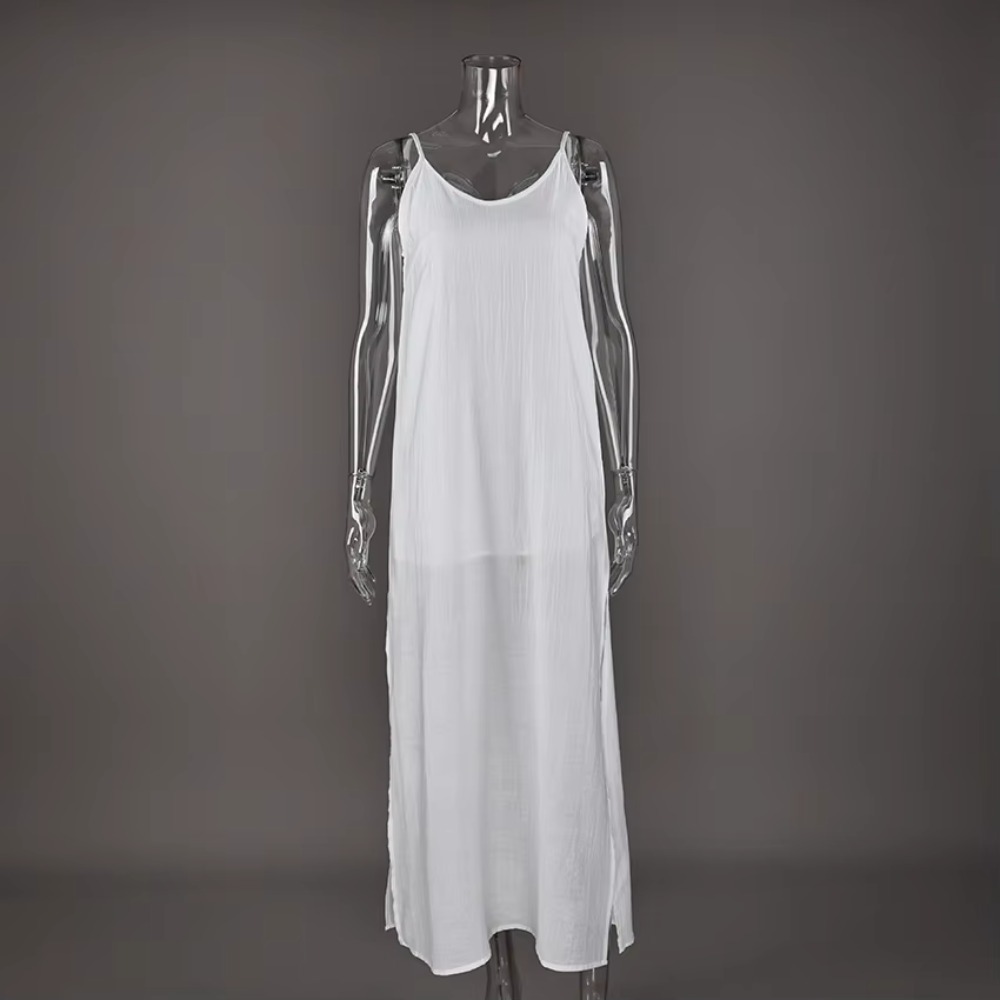 Robe longue décontractée à col en V, sans manches, dos nu, blanche, coupe droite, pour femme, été