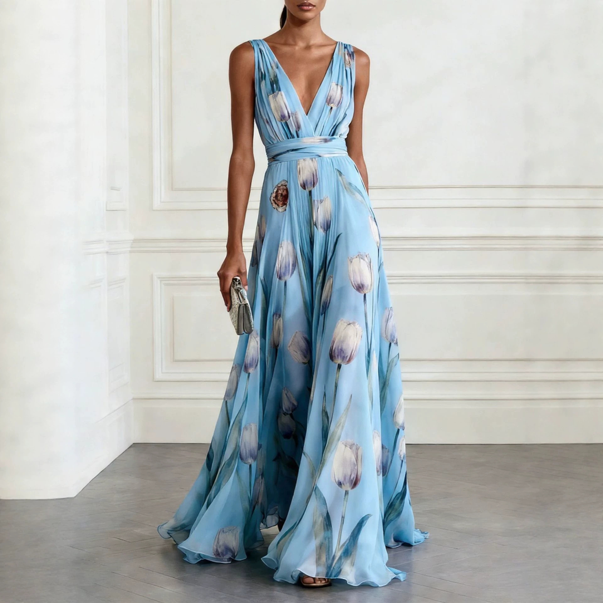 Robes pour femmes 2026 Nouvelle robe de soirée à imprimé tulipes sans manches col en V longue robe vêtements pour femmes vestidoes